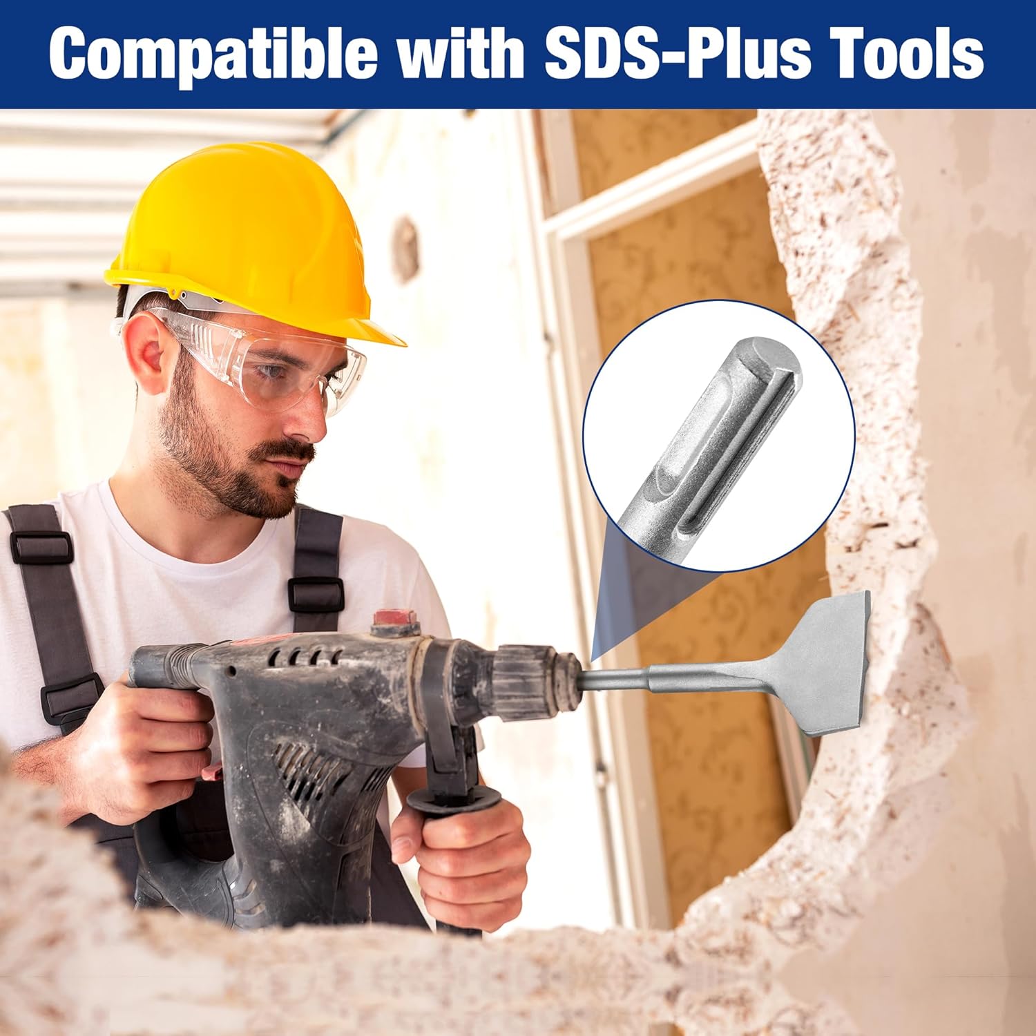 SDS-Plus tile removal chisel with wide flat bent blade and cylindrical shank