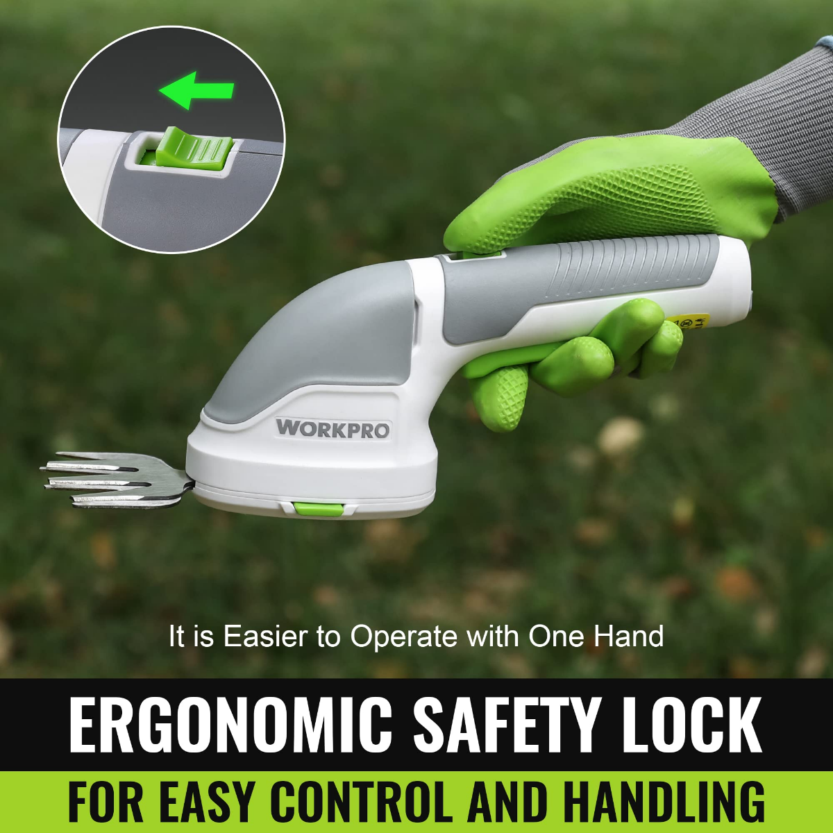 Cordless 2-in-1 shrub and grass trimmer in hand, white-and-green body