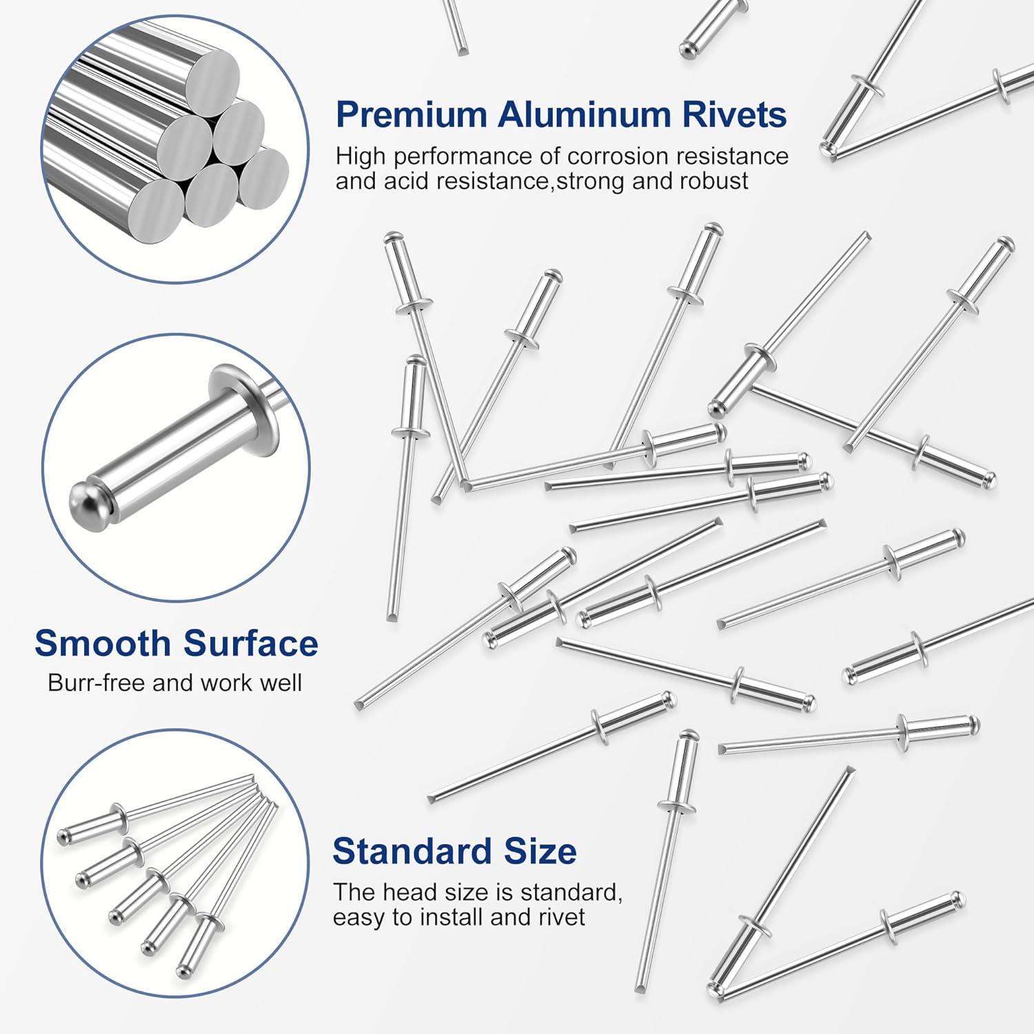Silver aluminum blind rivets with smooth heads and stems, multiple pieces for fastening