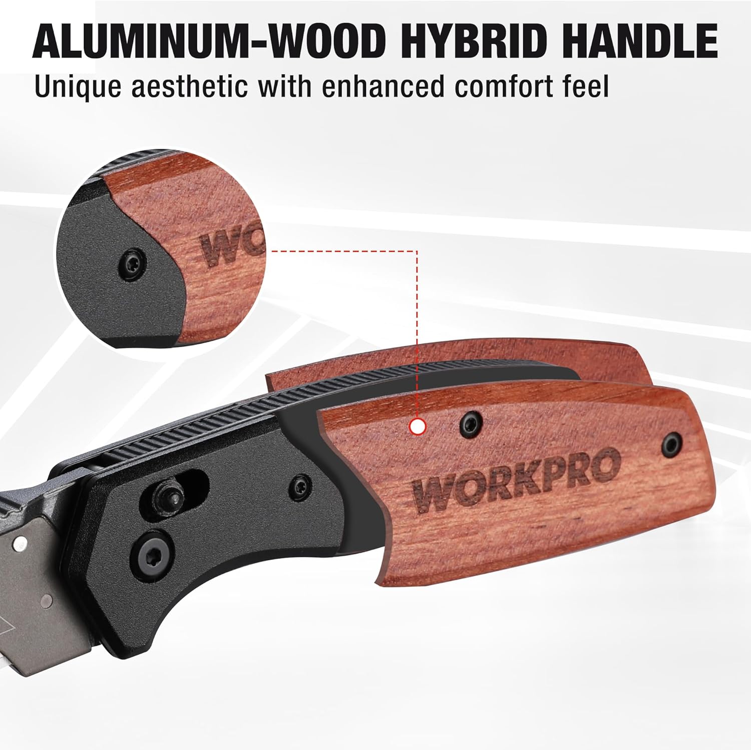 Aluminum and wood hybrid handle folding utility knife with axis lock, side view