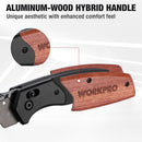 WORKPRO Folding Utility Knife, Razor Blade Knife with Axis Lock, Quick Change Box Cutter, EDC Wood Handle Foldable Pocket Cutter, Extra 10PC SK5 Blades Included