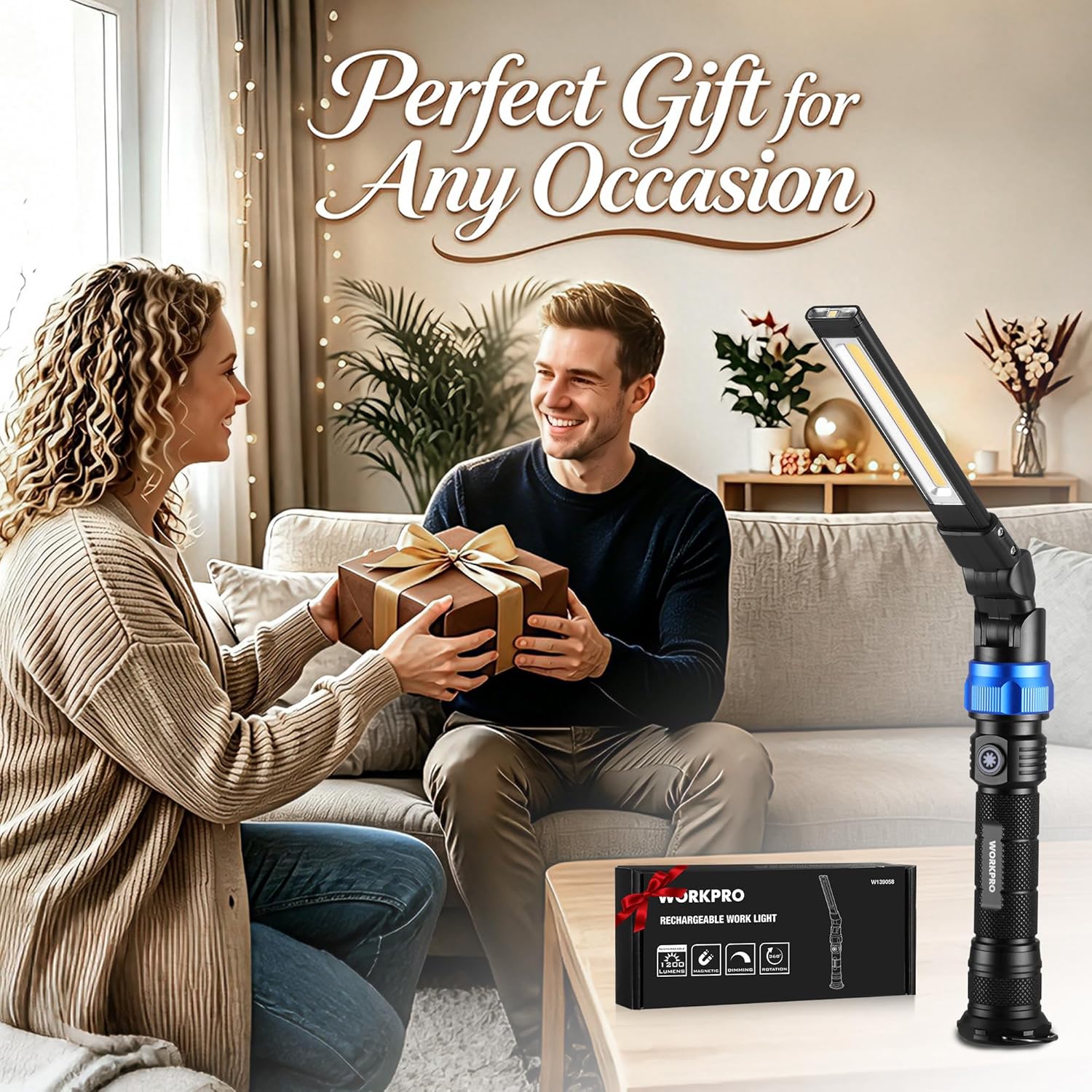 Rechargeable LED work light standing upright beside gift box, blue ring on black handle.