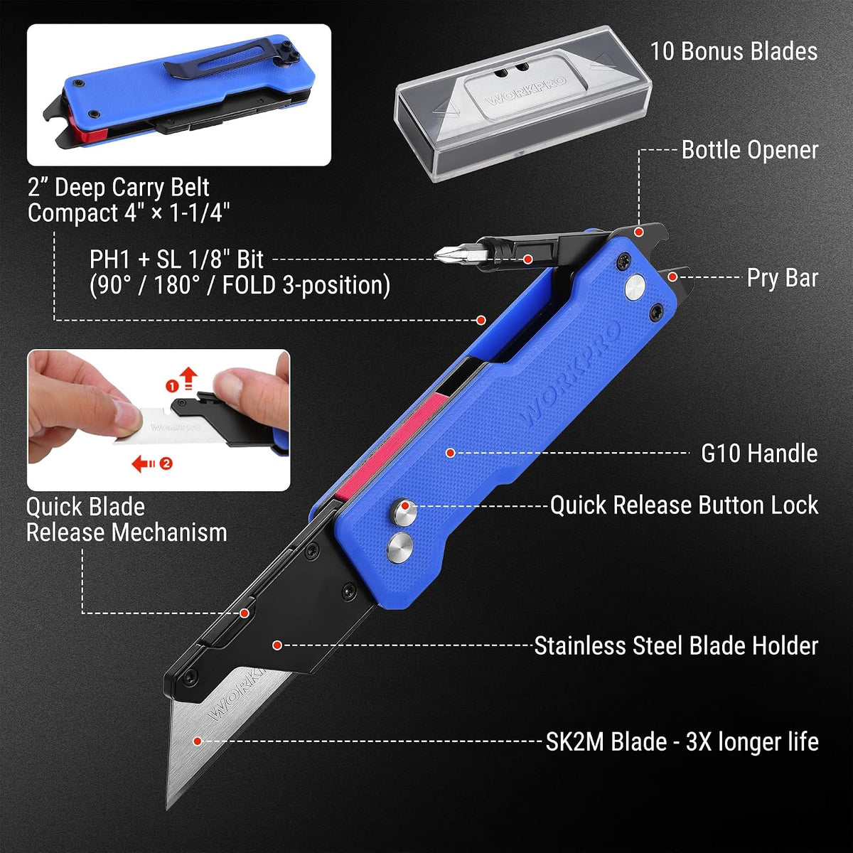 WORKPRO CNC Machined Utility Knife with extra 10 Blades, G10 Blue Handle
