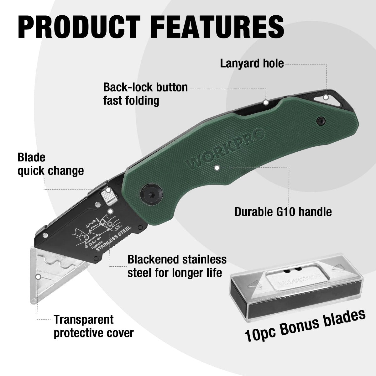 Green G10 folding utility knife with black blade and protective cover in case