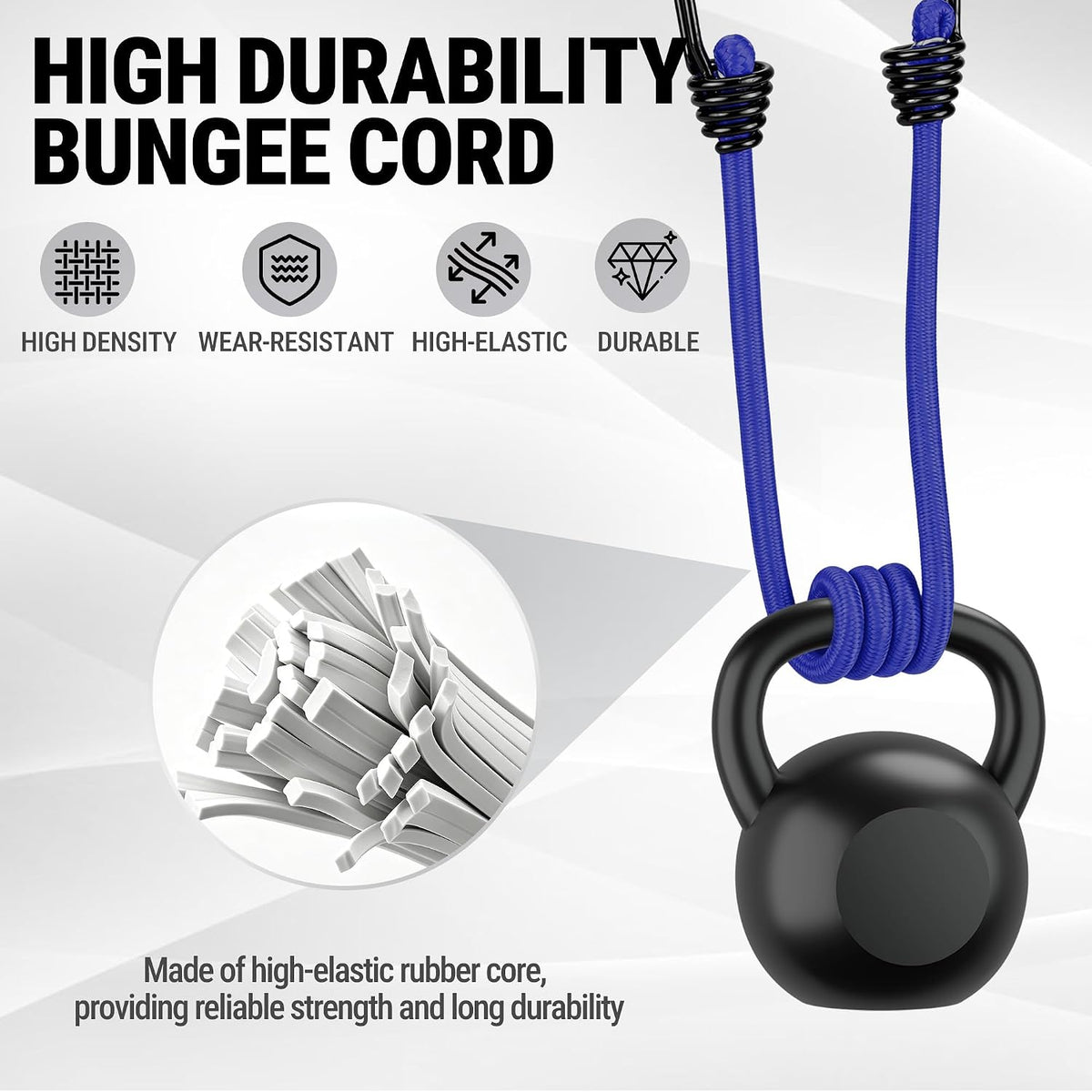 Workpro 24 inch bungee cords with hooks in blue, featuring high elasticity rubber cores and durable construction