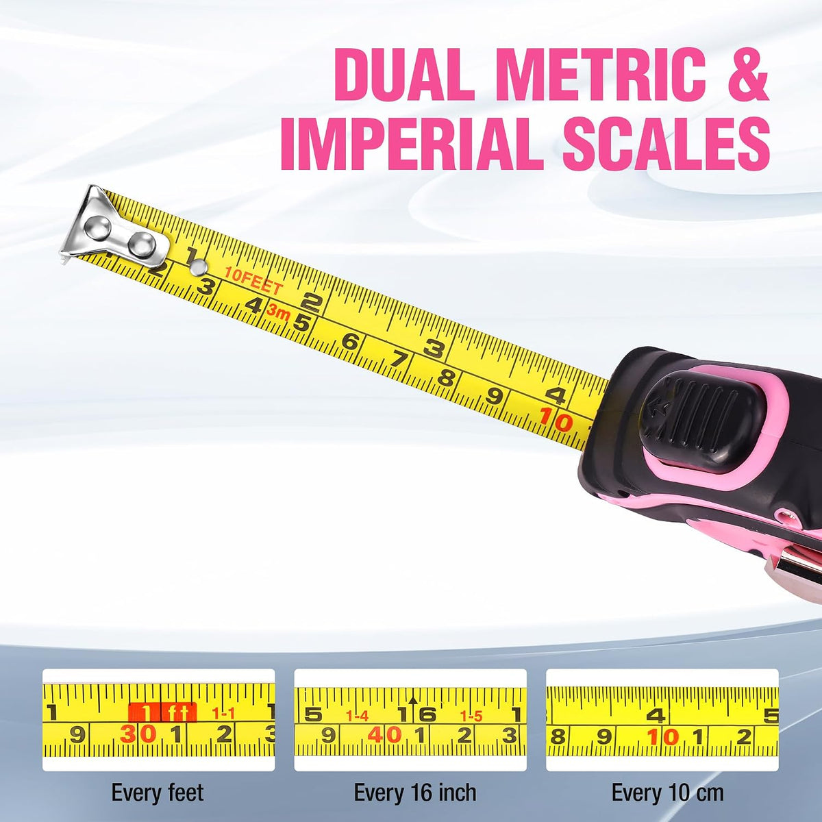 Pink WORKPRO 10 ft tape measure showing dual metric and imperial scale