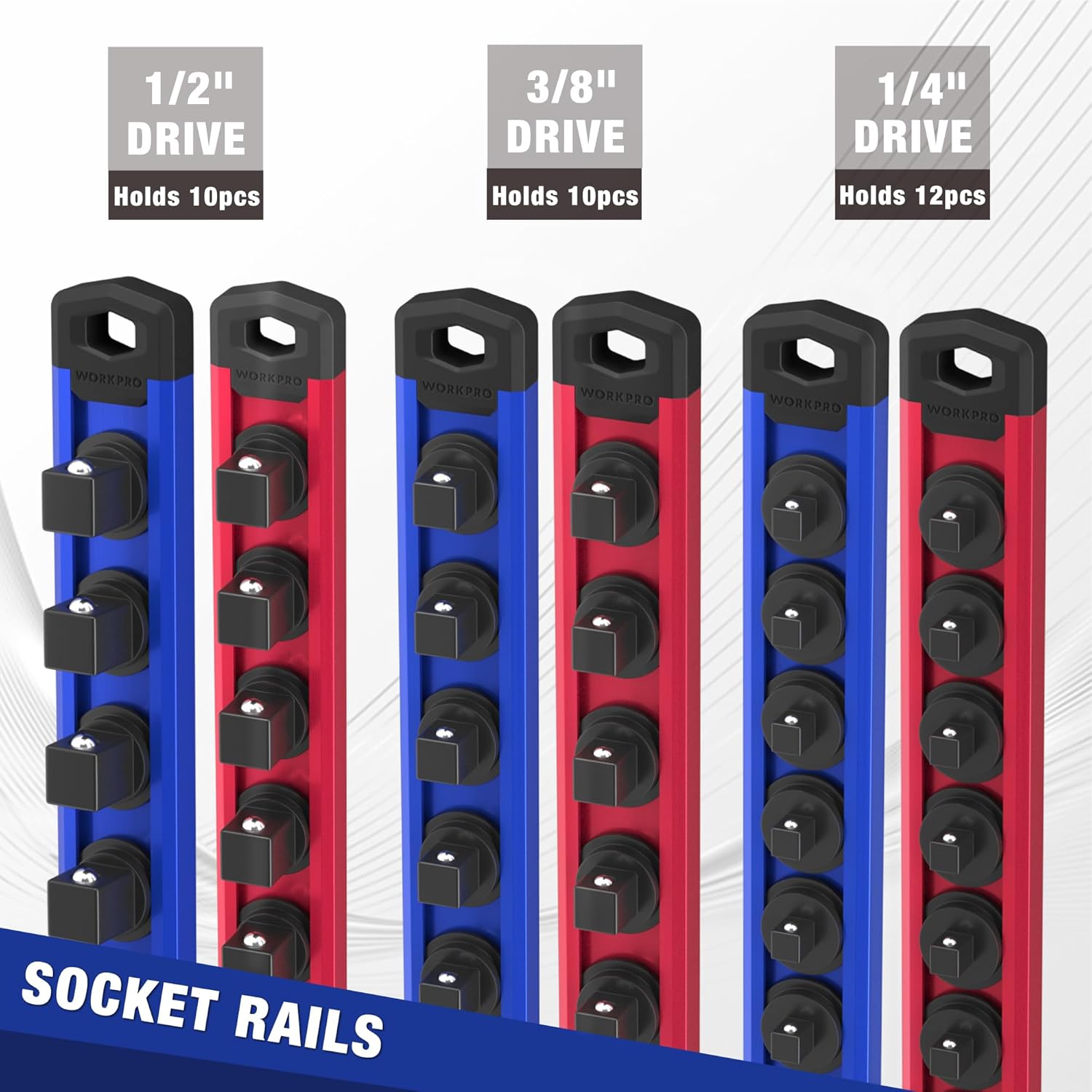 Set of drive-size socket rails (1/2, 3/8, 1/4) with magnetic holders