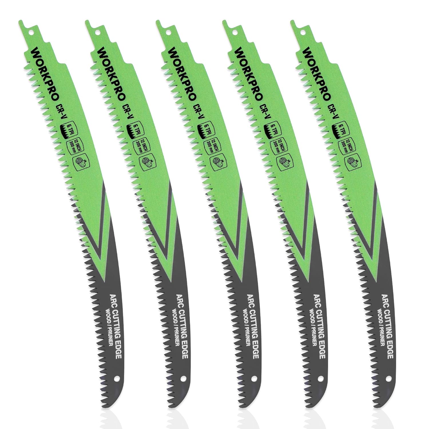WORKPRO 12-inch 6TPI arc-edge reciprocating saw blades, 5-pack, green and black teeth