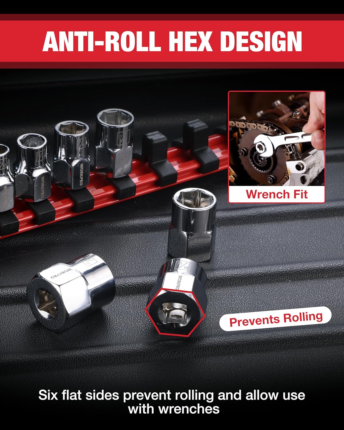 Anti-roll hex 6-point sockets on red rail to prevent rolling