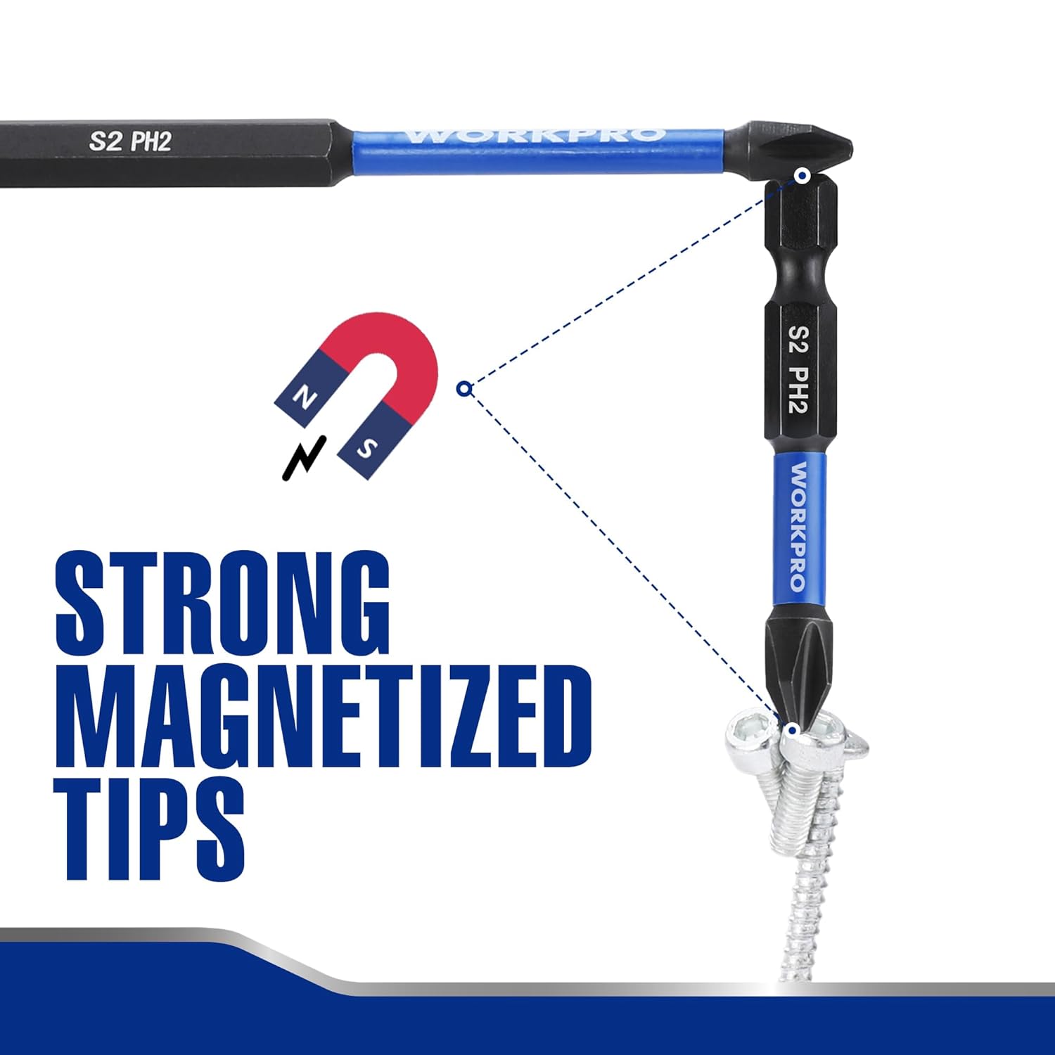 WORKPRO PH2 Phillips impact bit with blue handle and pointed tip, shown with screw
