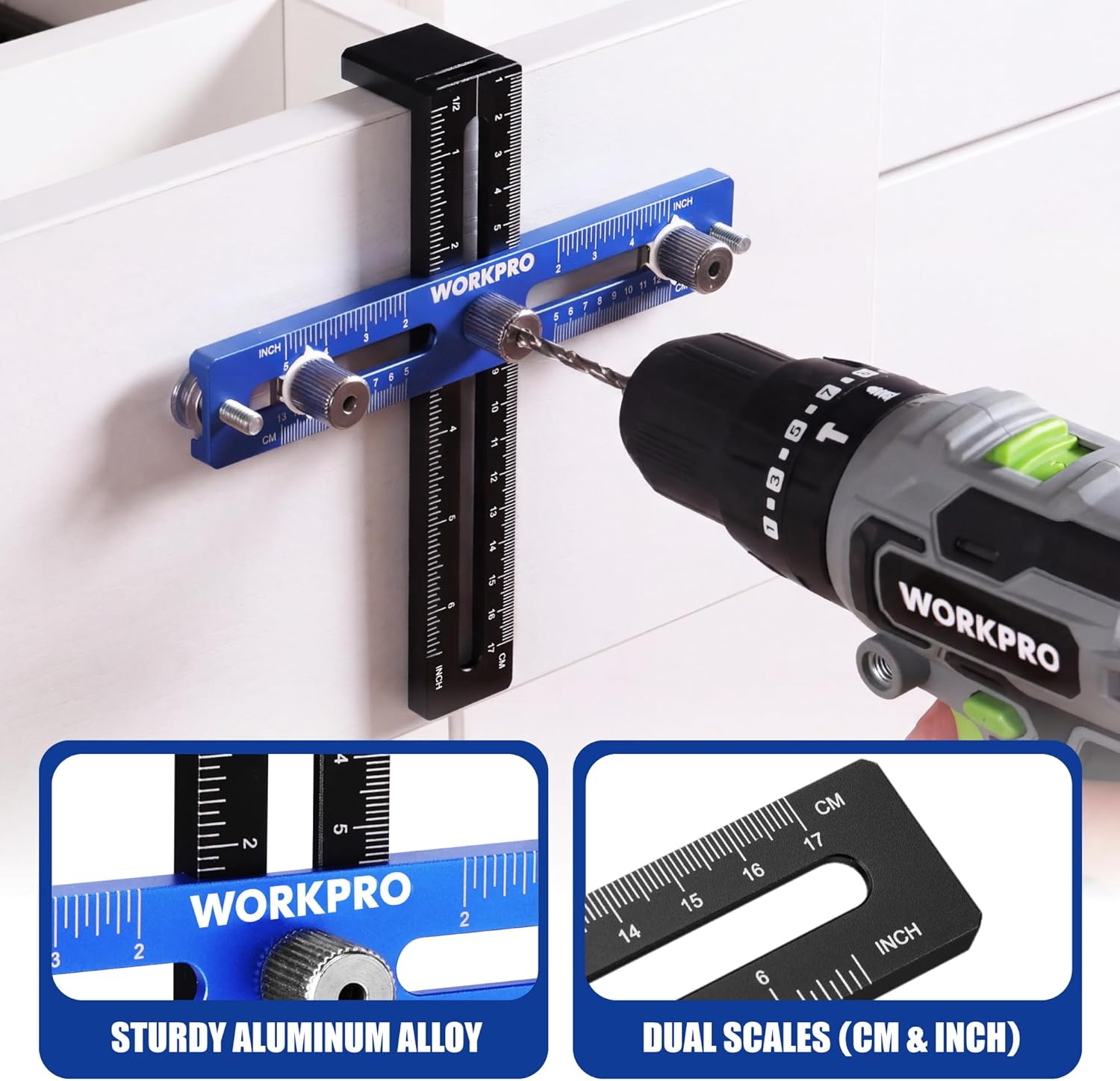 Cabinet hardware jig clamped to wood with blue rail and black measuring guide