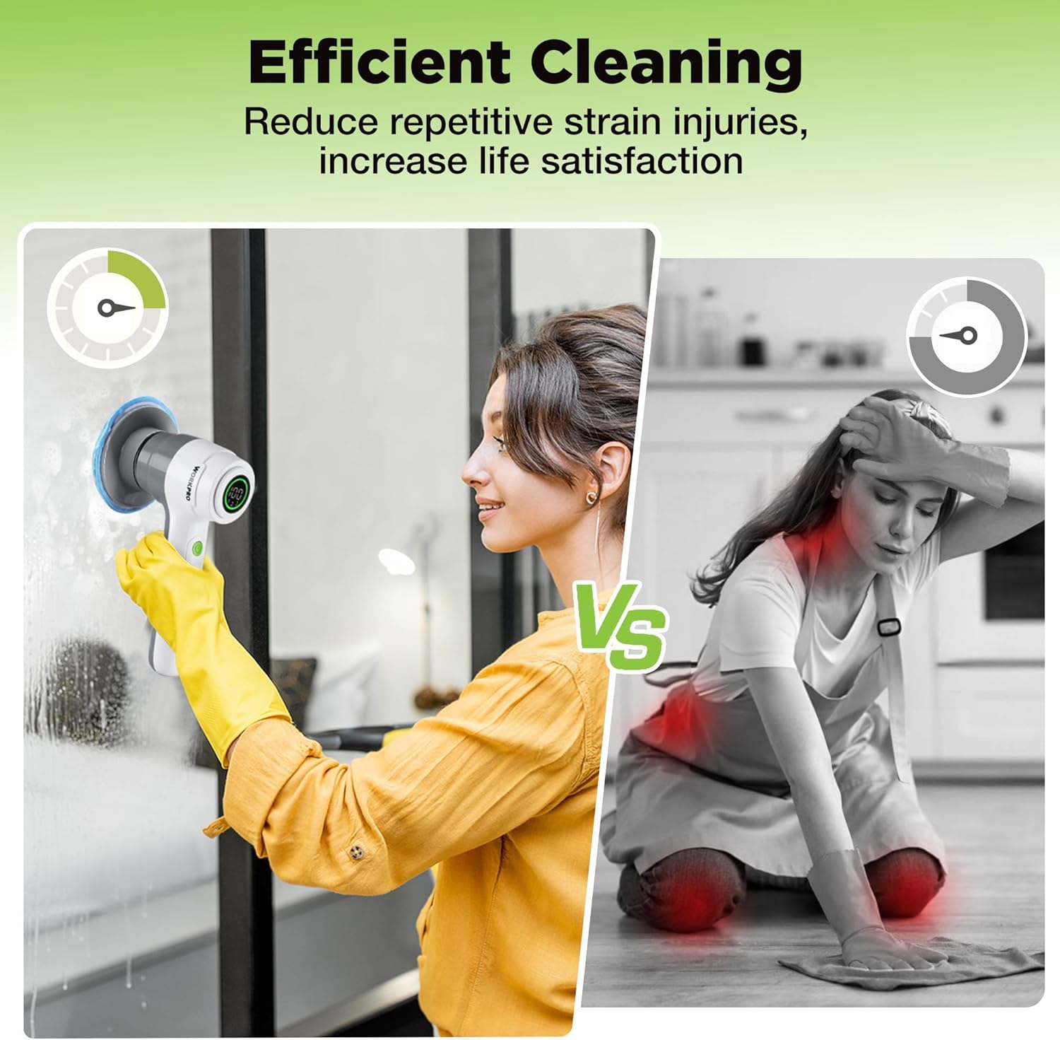WORKPRO electric spin scrubber with rotating round brush head, used on a glass door