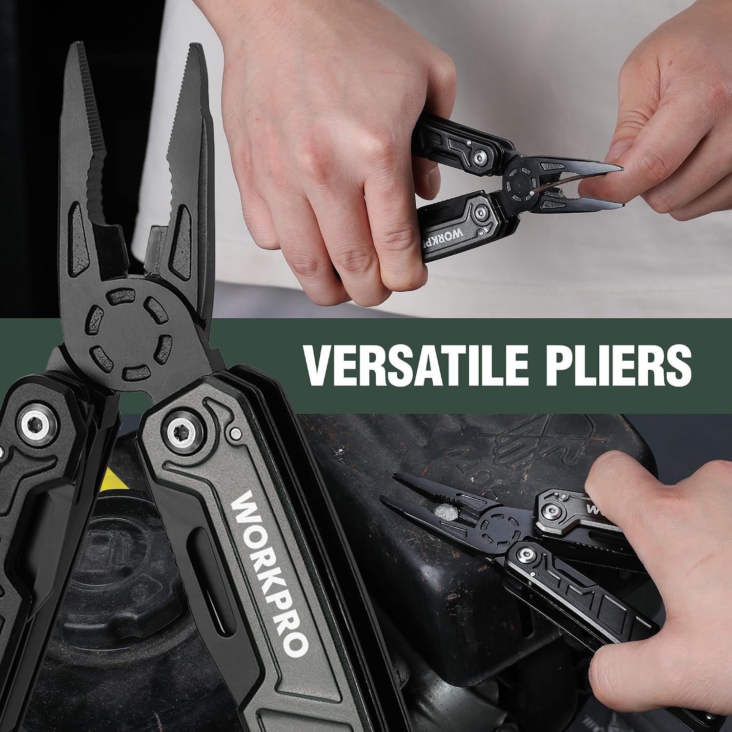 WORKPRO multitool pliers with adjustable grip tools, hands using the blades
