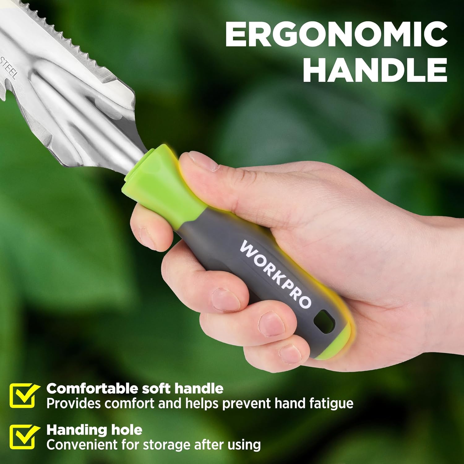 Ergonomic hand weeder with green grip, gray handle, and stainless serrated blade