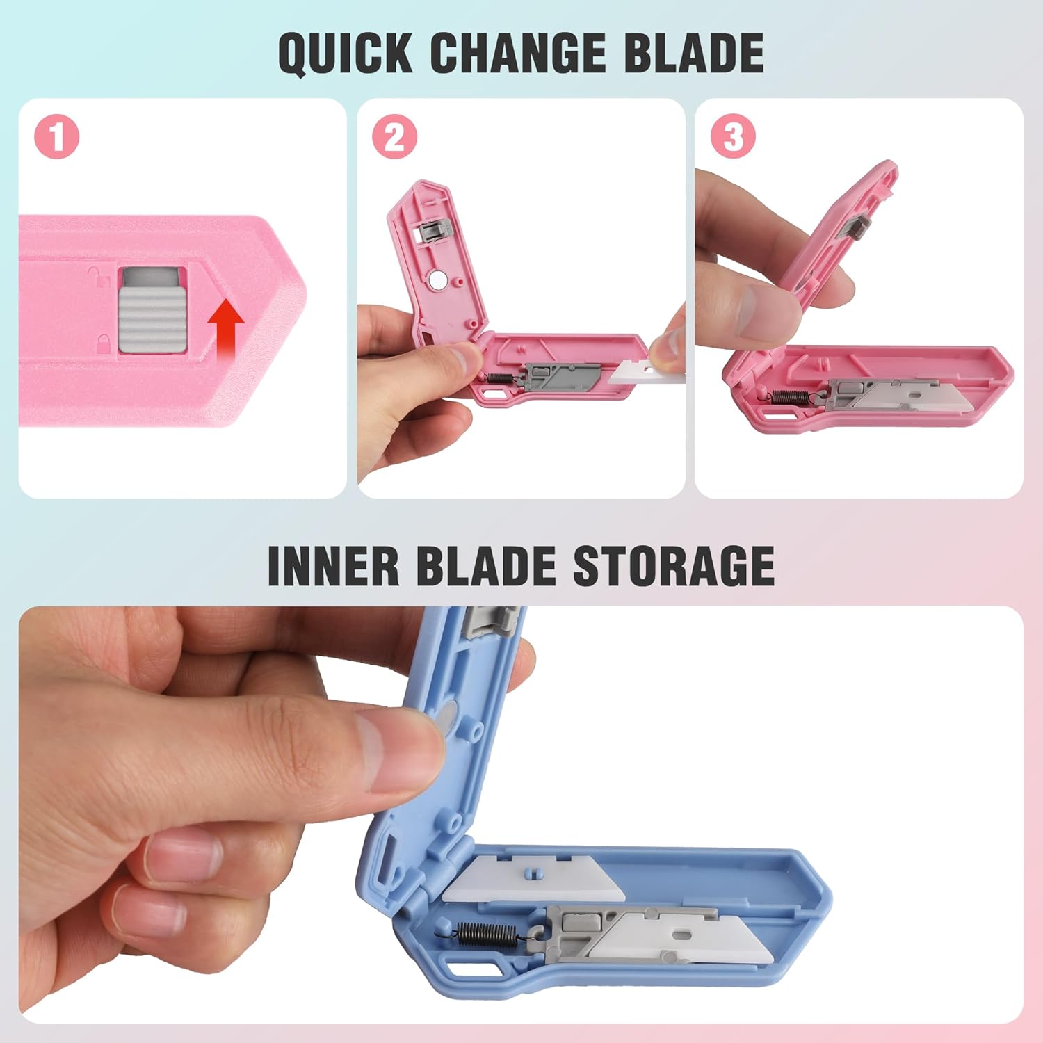 Pink retractable box cutter open to reveal quick-change blade storage