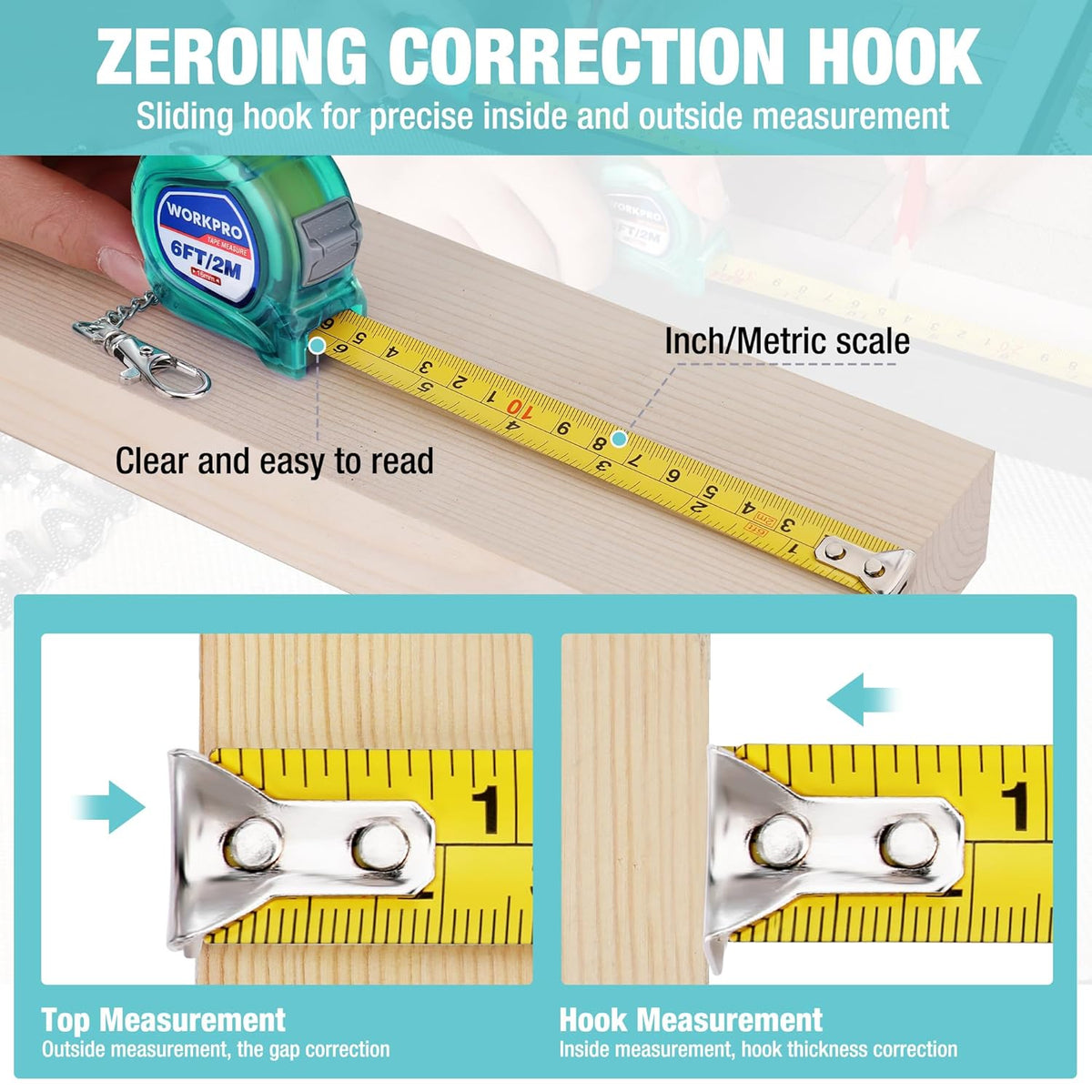 Retractable tape measure with sliding hook and inch/metric scale for accurate measuring