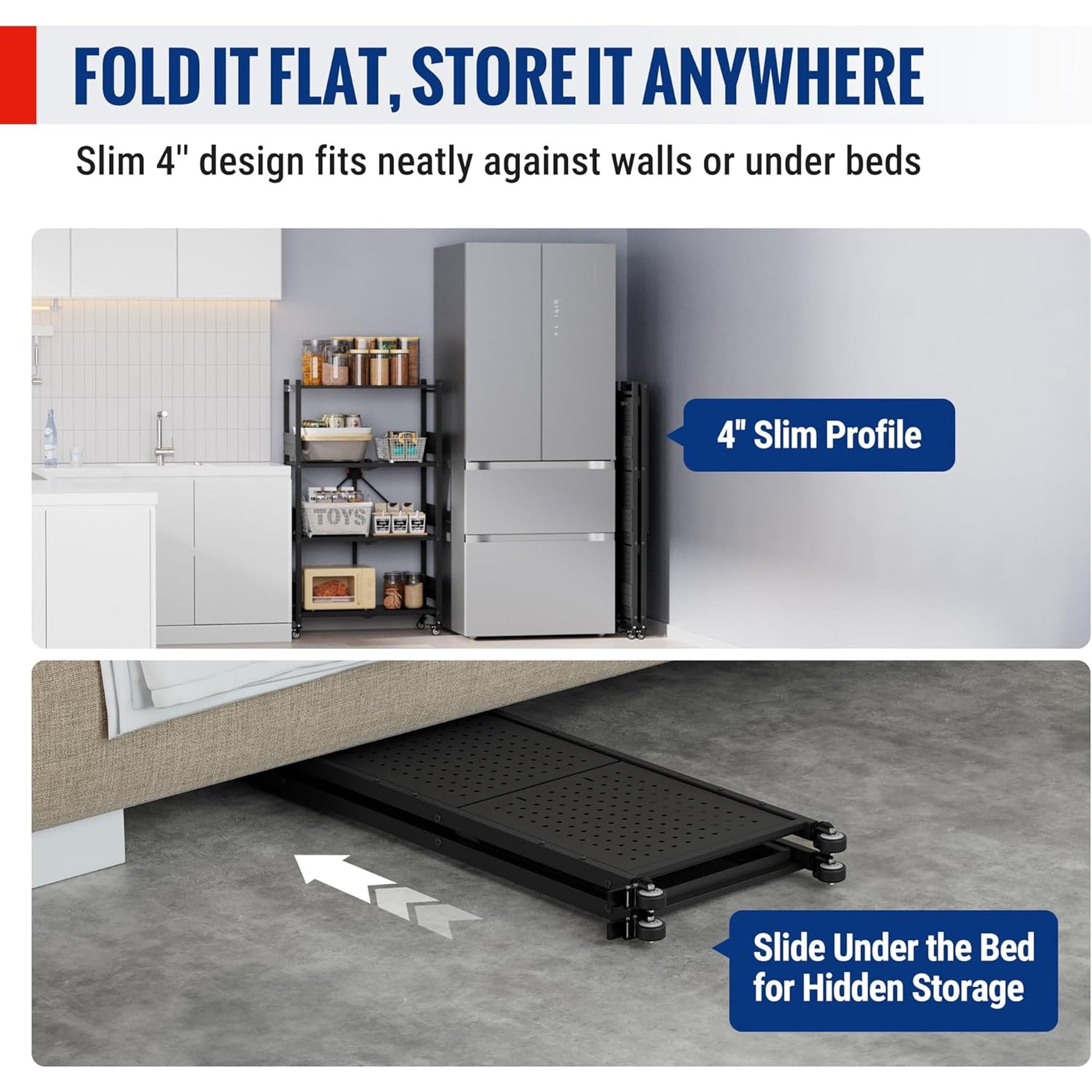 Black slim folding storage rack slid under a bed, with perforated shelves