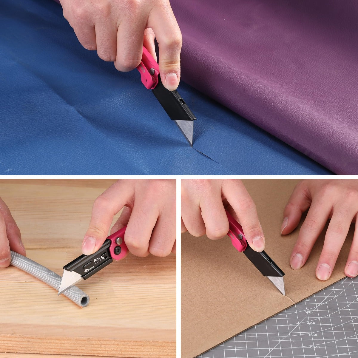 Folding utility knife being used to cut fabric and cardboard