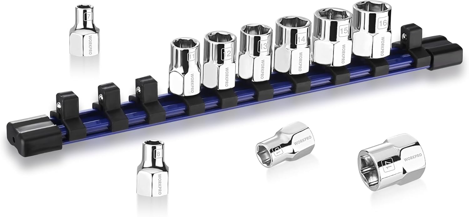 Metric socket set with chrome sockets on blue rail, standard and shallow sizes