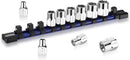 WORKPRO 3/8" Drive Socket Set, 10-Piece Metric CR-V Socket Set with Rail | Standard & Shallow Sockets, External Hex Socket, 7mm to 17mm, 6-Point, Size Markings, PVC Socket Organizer, for Auto Repairs