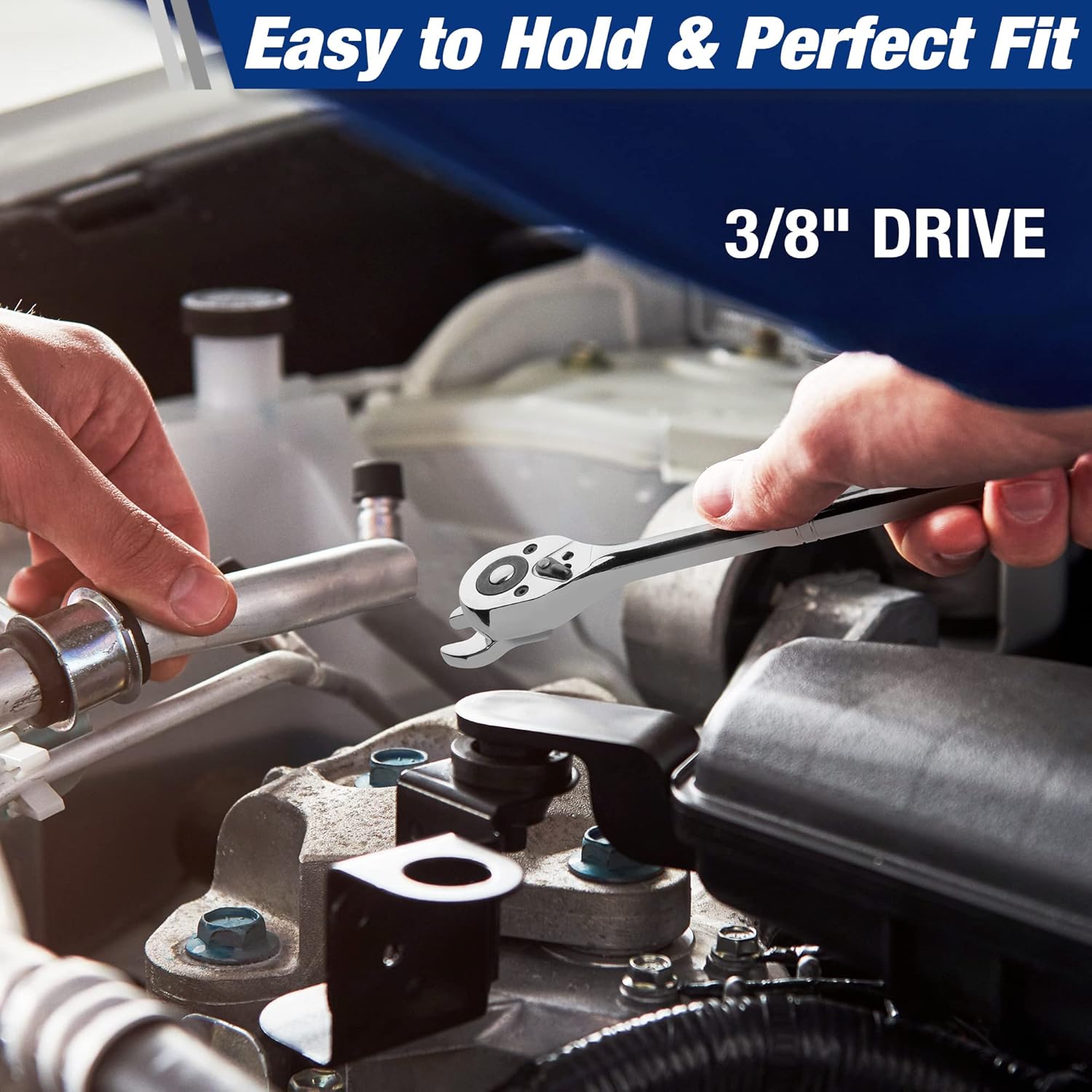 WORKPRO 3/8 in drive crowfoot wrench in use on engine socket drive