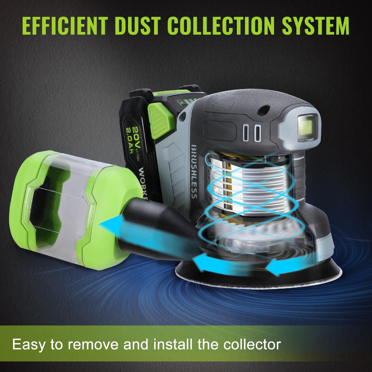Cordless orbital sander with dust collection system and swirl airflow, green and gray