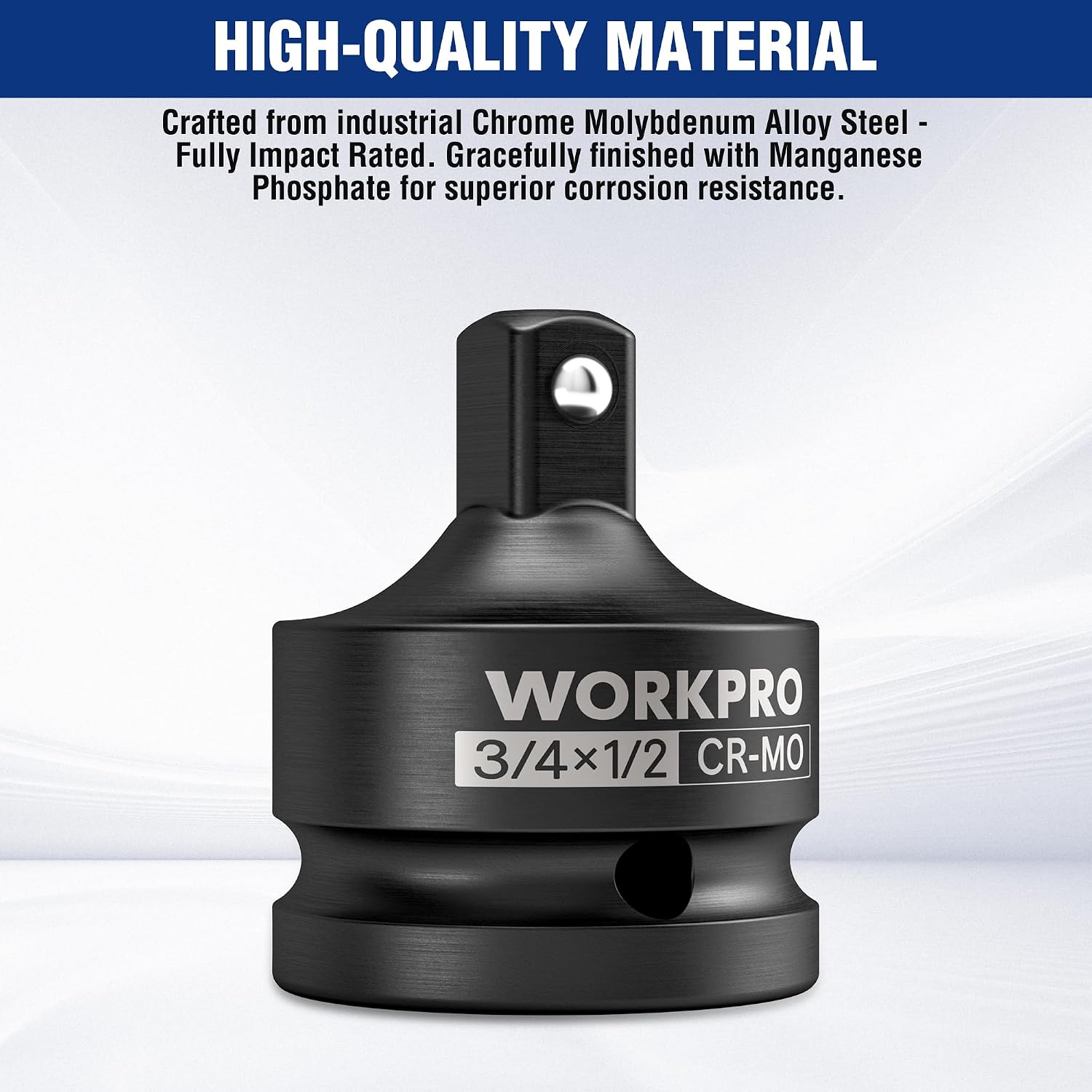 Black WORKPRO impact socket adapter with CR-MO marking and square drive reducer