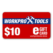 Red $10 e-gift card with WORKPRO TOOLS logo and eGiftCard text, workprotools.store
