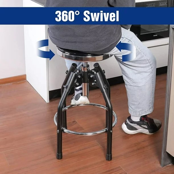 Adjustable 360 swivel hydraulic shop stool with black seat and chrome footrest ring