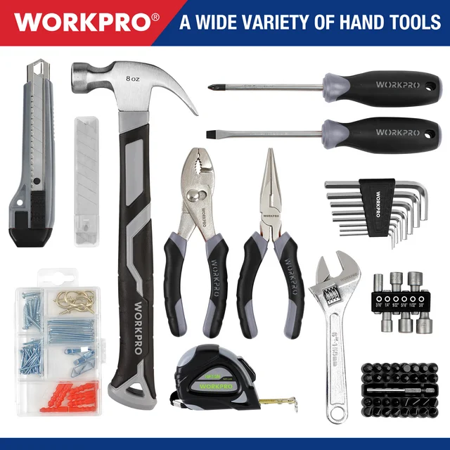 WORKPRO cordless drill with assorted hand tools and bits in a compact kit layout