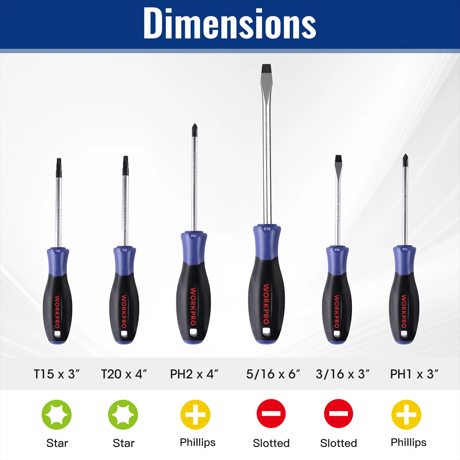 Six-piece magnetic screwdriver set with blue/black non-slip handles and chrome shanks