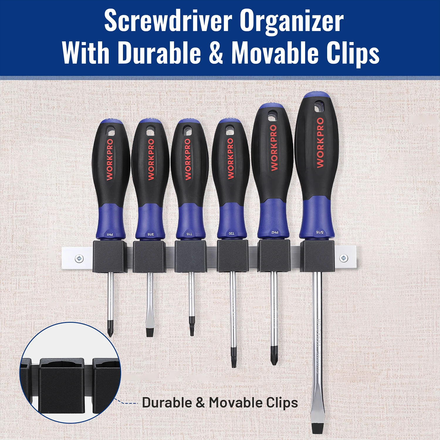 Screwdriver organizer with movable clips holding six blue/black magnetic screwdrivers