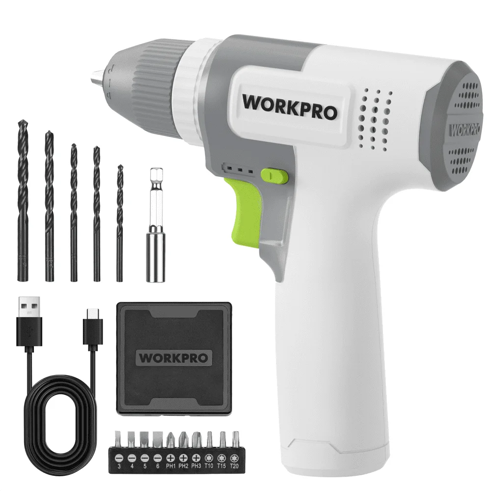 WORKPRO Cordless 8V Drill Driver Set, 2Ah Electric Power Drill with 3/8'' Keyless Chuck, 15pcs Bits & 1 Type-C Charging Cord for Drilling and Screwing,White (W)