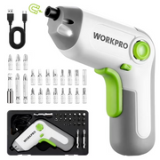 Cordless electric screwdriver with LED, white body, green handle and trigger, bit accessories.