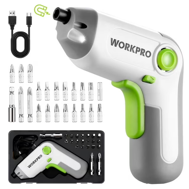 Cordless electric screwdriver with LED, white body, green handle and trigger, bit accessories.
