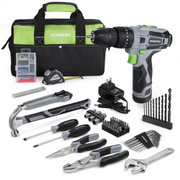 Cordless drill with green accents, tool bag, wrenches, bits, and screwdriver accessories
