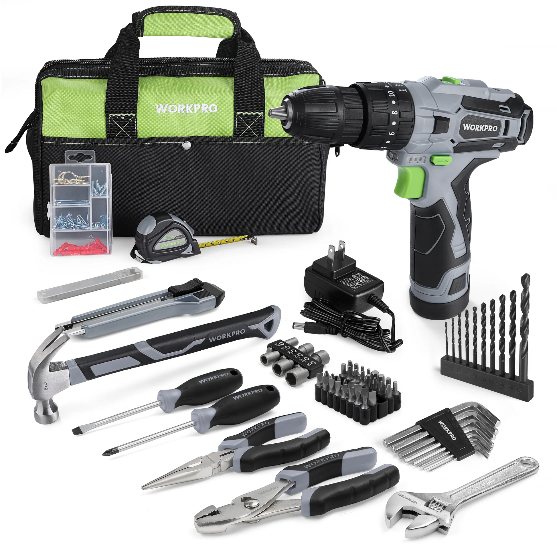 Cordless drill with green accents, tool bag, wrenches, bits, and screwdriver accessories