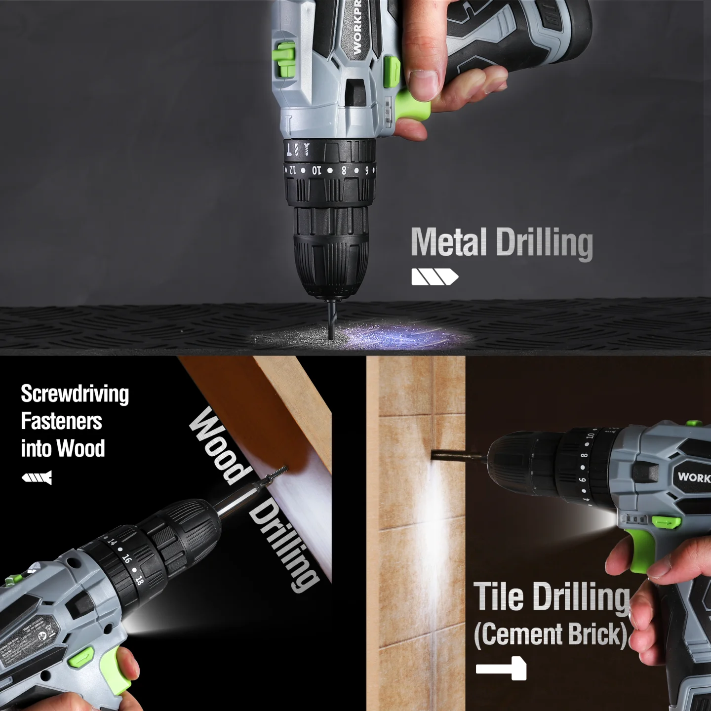 Cordless drill with green handle, drilling bit held over material by a hand