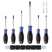 Six magnetic screwdrivers with blue/black handles mounted on an organizer rail