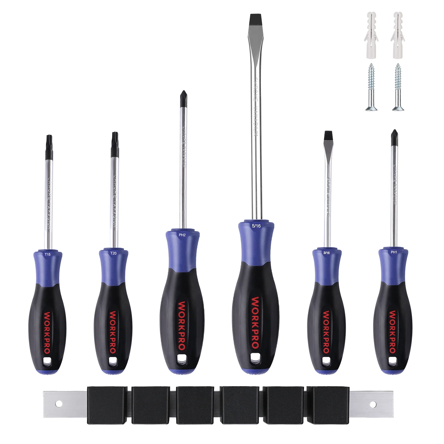 Six magnetic screwdrivers with blue/black handles mounted on an organizer rail