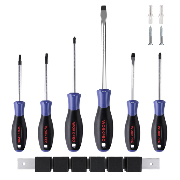 WORKPRO 6-Piece Magnetic Screwdrivers Set with Organizer,Flat Head/Slotted/Phillips/Torx Screwdriver Tools Set,Chrome Plating CR-V Shanks, Non-Slip Handle (W)