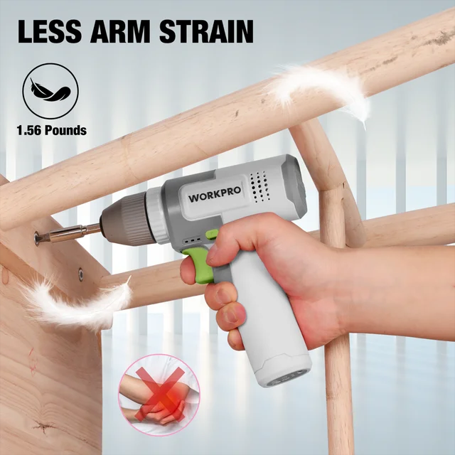 Cordless drill driver held in hand with bit inserted; white body with green trigger