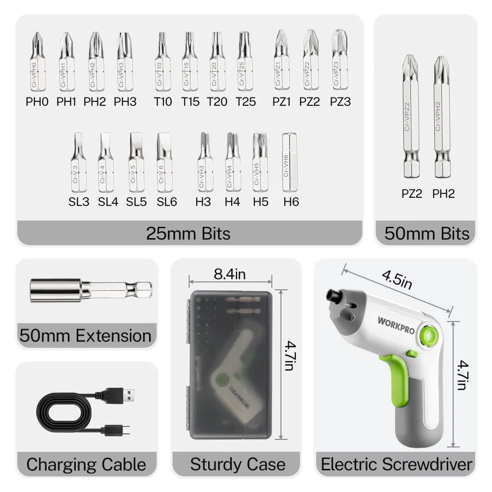 Driver bit set with 25mm/50mm bits, 50mm extension, charging cable, sturdy case.