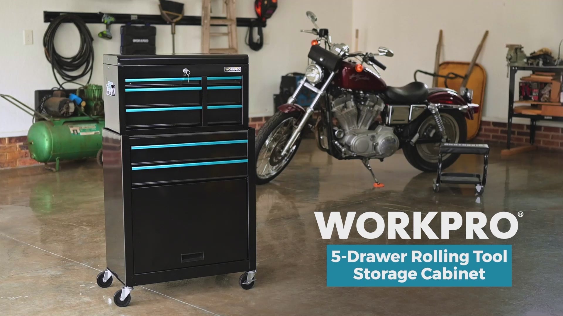 Load video: WORKPRO 5-Drawer Rolling Tool Chest, Sliding Metal Drawer Rolling Tool Storage Cabinet