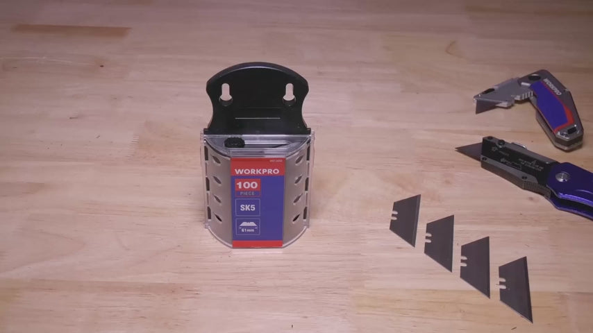 Load video: WORKPRO 100 Pcs Utility Knife Blades SK5 Steel with Dispenser