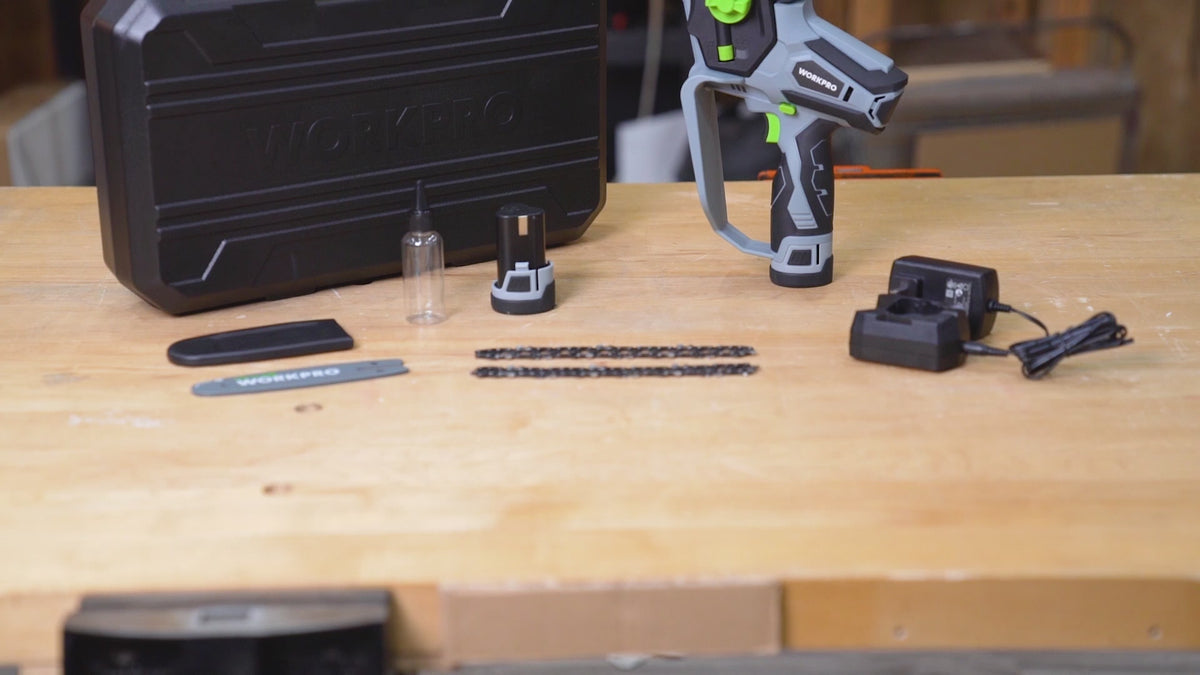 Load video: WORKPRO Mini Chainsaw, 6.3" Cordless Electric Compact Chain Saw with 2 Batteries, Replacement Guide Bar and Chain