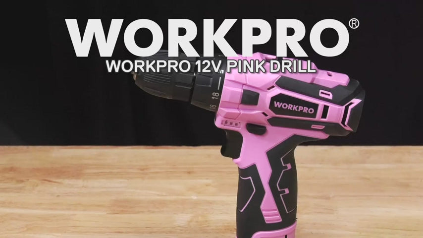 Load video: WORKPRO Cordless Drill Driver Set 12V Electric Screwdriver Driver Tool Kit for Women - Pink Ribbon