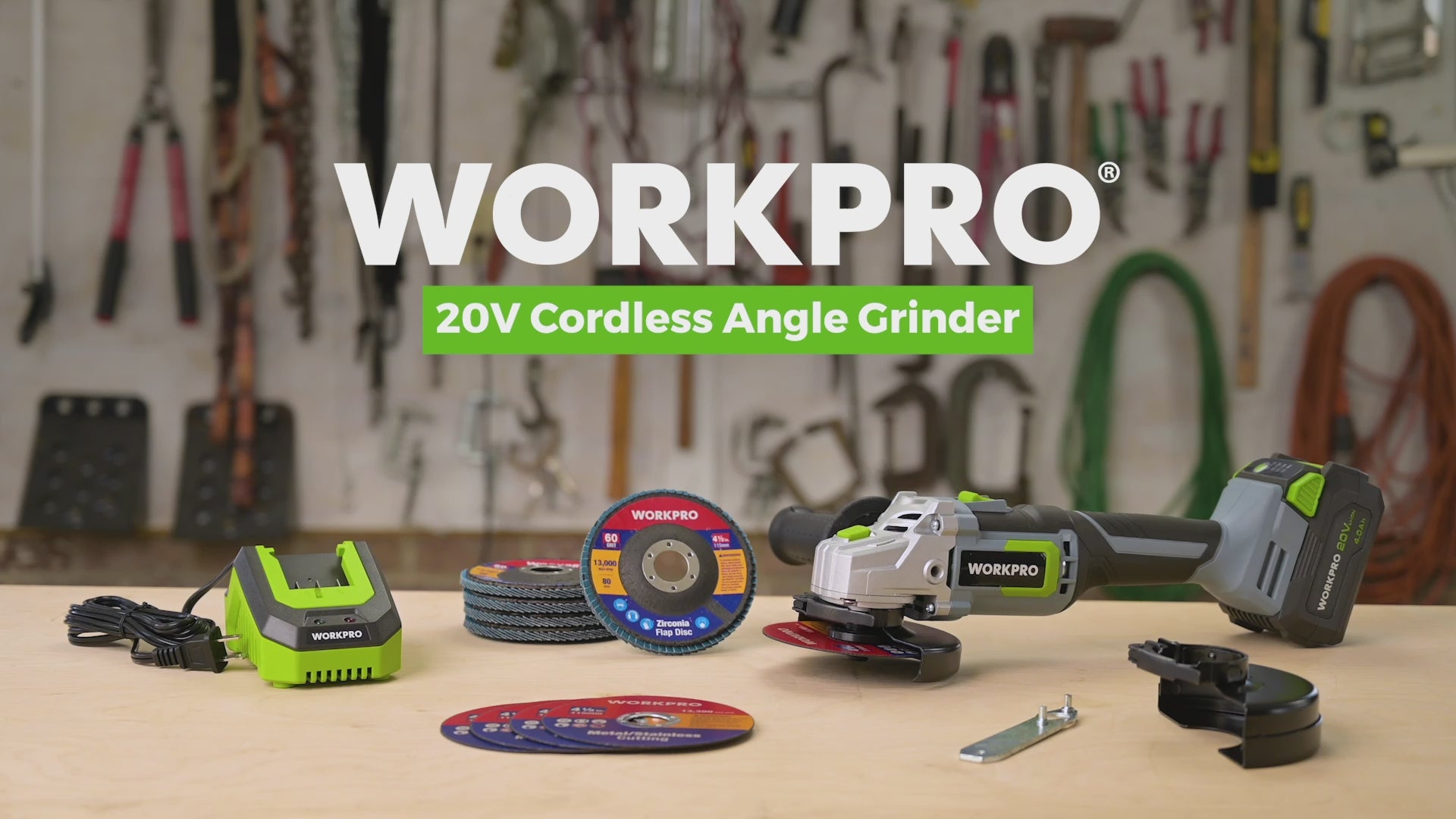 Load video: WORKPRO 20V Cordless Angle Grinder Kit, 4-1/2 Inch, Lightweight Angle Grinder Tool w/ 4.0Ah Lithium-Ion Battery &amp; Fast Charger