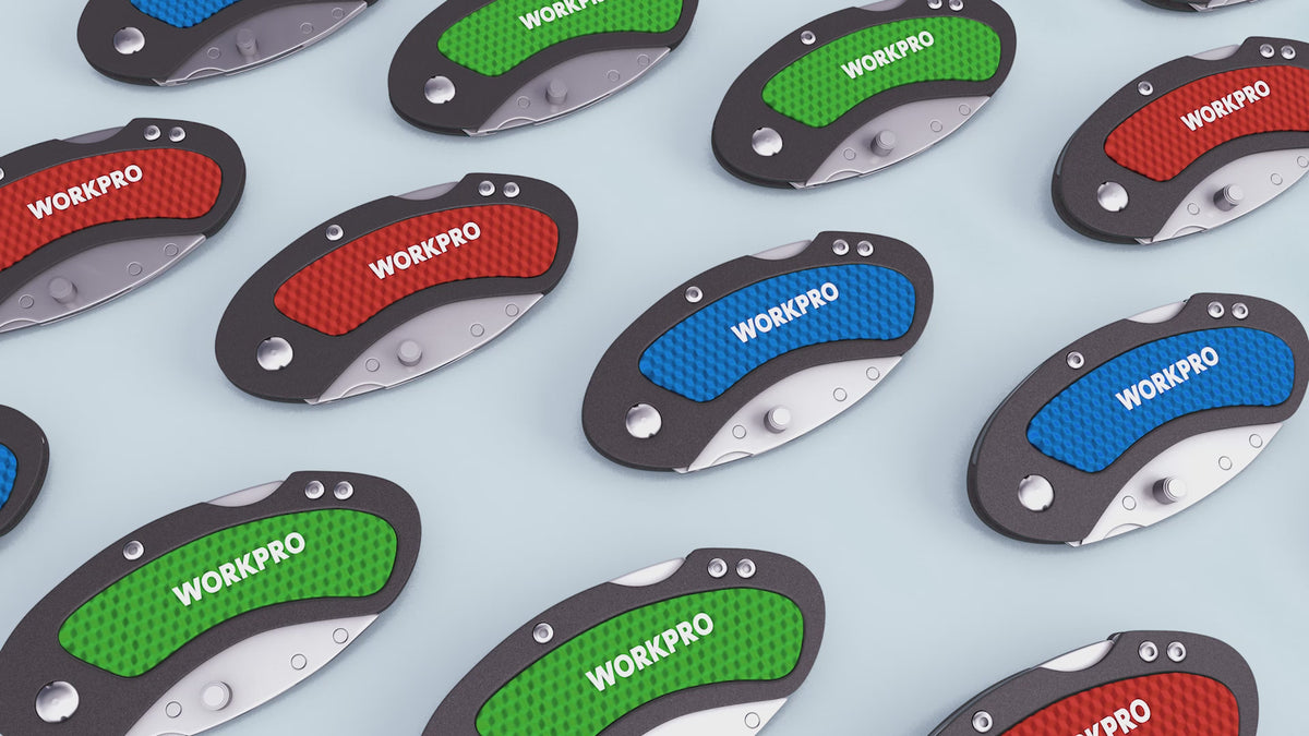 Load video: WORKPRO Quick Change Blade Folding Utility Knife Set