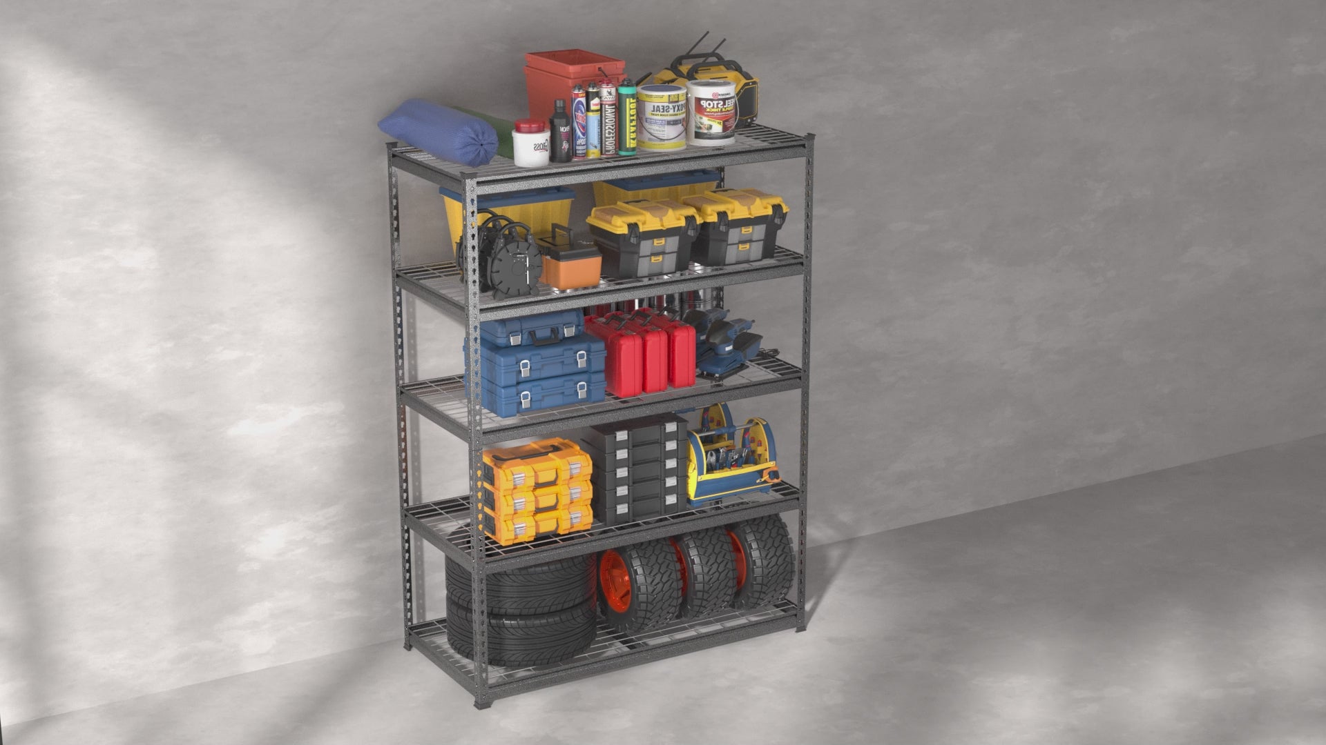 Load video: WORKPRO 5-Tier Metal Shelving Unit, 48"W x 24"D x 72"H Heavy Duty Adjustable Storage Rack for Garage, Basement, Warehouse, Workshop, Black/Silver